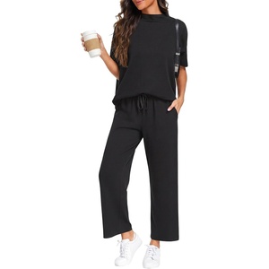 image:imagePrinStory Womens Lounge Set Summer 2 Piece Outfits Pullover Top and Wide Leg Pants Matching Sets 2026Dark Black