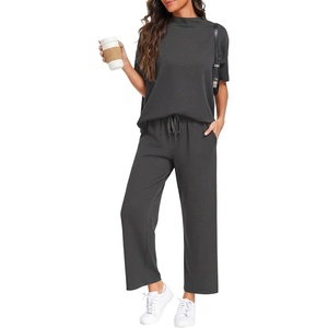 image:imagePrinStory Womens Lounge Set Summer 2 Piece Outfits Pullover Top and Wide Leg Pants Matching Sets 2026Dark Gray
