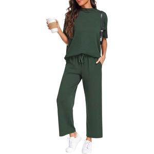 image:imagePrinStory Womens Lounge Set Summer 2 Piece Outfits Pullover Top and Wide Leg Pants Matching Sets 2026Dark Green