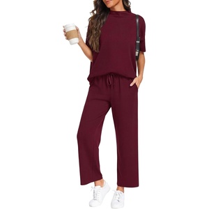 image:imagePrinStory Womens Lounge Set Summer 2 Piece Outfits Pullover Top and Wide Leg Pants Matching Sets 2026Dark Red