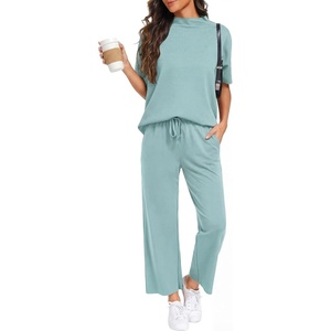 image:imagePrinStory Womens Lounge Set Summer 2 Piece Outfits Pullover Top and Wide Leg Pants Matching Sets 2026Light Blue