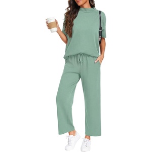 image:imagePrinStory Womens Lounge Set Summer 2 Piece Outfits Pullover Top and Wide Leg Pants Matching Sets 2026Turquoise