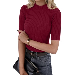 image:imagePrinStory Womens Mock Neck Tops Short Sleeve Turtleneck Slim Fit Basic Shirt for Business Casual Work Dressy Wear S2XLRed