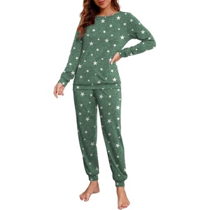 image:imagePrinStory Womens Pajama Set Long Sleeve Sleepwear Nightwear Soft Pjs Lounge Sets With PocketsWhite Star Green