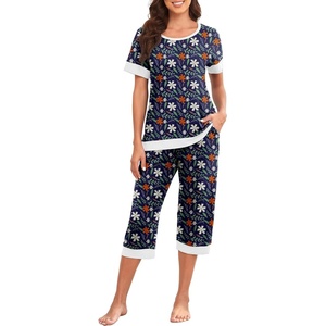 image:imagePrinStory Womens Pajama Set Short Sleeve Shirt and Capri Pants Sleepwear Pjs Sets Lounge SetFpblue Leaf Flower