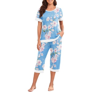 image:imagePrinStory Womens Pajama Set Short Sleeve Shirt and Capri Pants Sleepwear Pjs Sets Lounge SetFplight Blue
