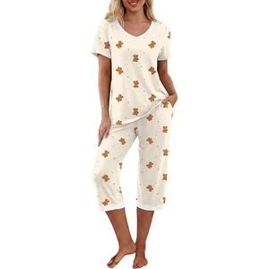image:imagePrinStory Womens Pajama Set Short Sleeve Shirt and Capri Pants Sleepwear Pjs Sets with PocketsFpapricot Bear