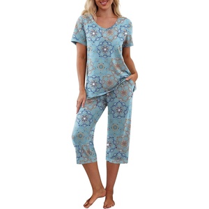 image:imagePrinStory Womens Pajama Set Short Sleeve Shirt and Capri Pants Sleepwear Pjs Sets with PocketsFpblue Mandala Print