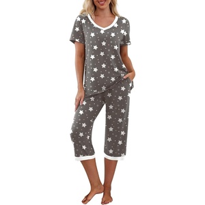 image:imagePrinStory Womens Pajama Set Short Sleeve Shirt and Capri Pants Sleepwear Pjs Sets with PocketsFpgray White Star