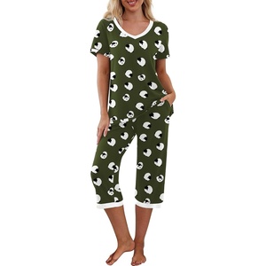image:imagePrinStory Womens Pajama Set Short Sleeve Shirt and Capri Pants Sleepwear Pjs Sets with PocketsFpgreen Black Sheep