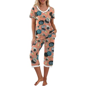 image:imagePrinStory Womens Pajama Set Short Sleeve Shirt and Capri Pants Sleepwear Pjs Sets with PocketsFppink Glass Caviar