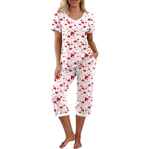 image:imagePrinStory Womens Pajama Set Short Sleeve Shirt and Capri Pants Sleepwear Pjs Sets with PocketsFpwhite Red Heart