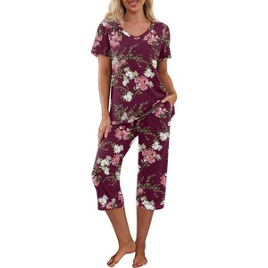 image:imagePrinStory Womens Pajama Set Short Sleeve Shirt and Capri Pants Sleepwear Pjs Sets with PocketsFpwine Red