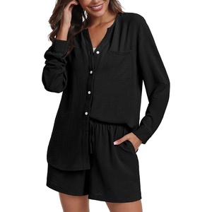 image:imagePrinStory Womens Pajamas Long Sleeve Lounge Sets Button Down Shirt and Shorts 2 Piece Outfits Loungewear