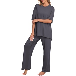 image:imagePrinStory Womens Pajamas Sets 2 Piece Lounge Set Short Sleeve Tops and Long Pants Soft Pjs Loungewear with PocketsDark Gray