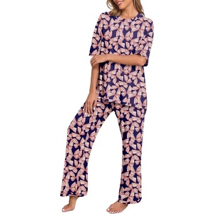 image:imagePrinStory Womens Pajamas Sets 2 Piece Lounge Set Short Sleeve Tops and Long Pants Soft Pjs Loungewear with PocketsFpred Stripe Bow