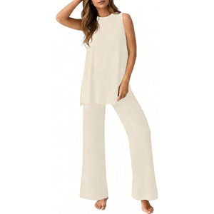 image:imagePrinStory Womens Pajamas Sets 2 Piece Soft Pjs for Women Sleeveless Pajama Set Summer Loungewear with PocketsBeige Apricot