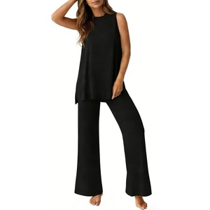 image:imagePrinStory Womens Pajamas Sets 2 Piece Soft Pjs for Women Sleeveless Pajama Set Summer Loungewear with PocketsBlack