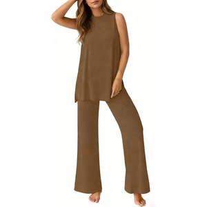 image:imagePrinStory Womens Pajamas Sets 2 Piece Soft Pjs for Women Sleeveless Pajama Set Summer Loungewear with PocketsBrown