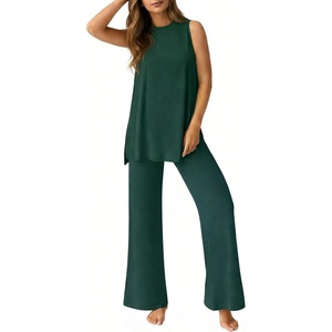 image:imagePrinStory Womens Pajamas Sets 2 Piece Soft Pjs for Women Sleeveless Pajama Set Summer Loungewear with PocketsDark Green