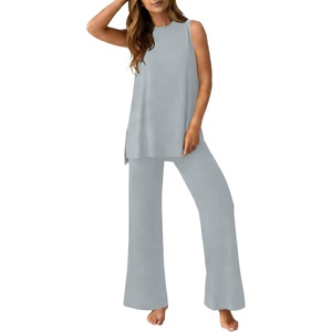image:imagePrinStory Womens Pajamas Sets 2 Piece Soft Pjs for Women Sleeveless Pajama Set Summer Loungewear with PocketsGray Blue