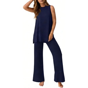 image:imagePrinStory Womens Pajamas Sets 2 Piece Soft Pjs for Women Sleeveless Pajama Set Summer Loungewear with PocketsNavy Blue