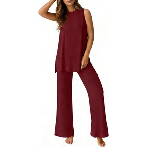 image:imagePrinStory Womens Pajamas Sets 2 Piece Soft Pjs for Women Sleeveless Pajama Set Summer Loungewear with PocketsWine Red