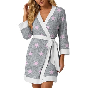 image:imagePrinStory Womens Robe Knit Kimono Bathrobe Lightweight Soft Sleepwear Knee Length Lounge RobesA1 Pink Star