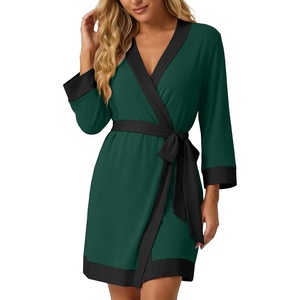 image:imagePrinStory Womens Robe Knit Kimono Bathrobe Lightweight Soft Sleepwear Knee Length Lounge RobesDark Green