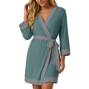 image:imagePrinStory Womens Robe Knit Kimono Bathrobe Lightweight Soft Sleepwear Knee Length Lounge RobesHaze Blue