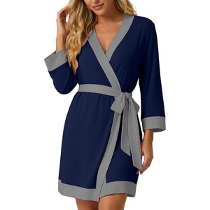 image:imagePrinStory Womens Robe Knit Kimono Bathrobe Lightweight Soft Sleepwear Knee Length Lounge RobesNavy Blue