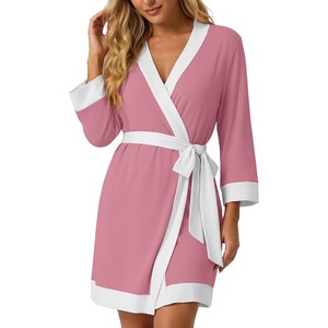 image:imagePrinStory Womens Robe Knit Kimono Bathrobe Lightweight Soft Sleepwear Knee Length Lounge RobesPink
