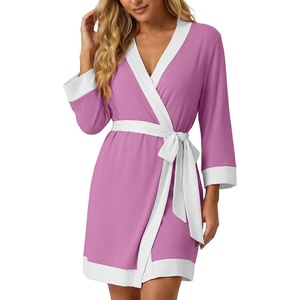 image:imagePrinStory Womens Robe Knit Kimono Bathrobe Lightweight Soft Sleepwear Knee Length Lounge RobesPurple Red