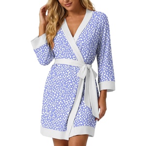 image:imagePrinStory Womens Robe Knit Kimono Bathrobe Lightweight Soft Sleepwear Knee Length Lounge RobesSpot Blue
