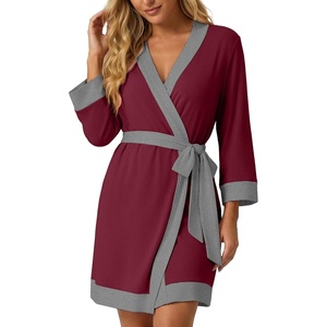 image:imagePrinStory Womens Robe Knit Kimono Bathrobe Lightweight Soft Sleepwear Knee Length Lounge RobesWine Red