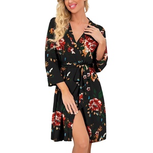 image:imagePrinStory Womens Robe Lightweight Short Knit Bathrobe Soft Ladies Sleepwear with PocketsB03 Fpbrown Black