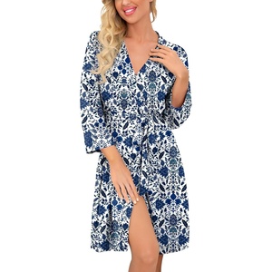 image:imagePrinStory Womens Robe Lightweight Short Knit Bathrobe Soft Ladies Sleepwear with PocketsFpblue Cyan Porcelain