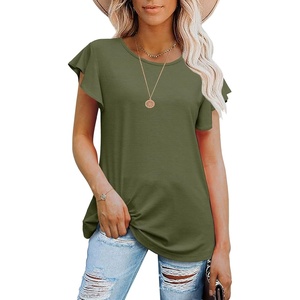 image:imagePrinStory Womens Ruffle Tops Summer Casual Short Sleeves Knit Shirts Round Neck Tunic Top for Women 2025 Fashion TrendArmy Green
