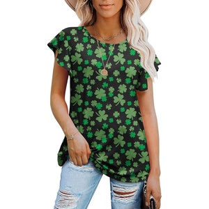 image:imagePrinStory Womens Ruffle Tops Summer Casual Short Sleeves Knit Shirts Round Neck Tunic Top for Women 2025 Fashion TrendFp Black Green Clover
