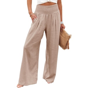 image:imagePrinStory Womens Summer Mix Cotton Linen Palazzo Pants High Waisted Wide Leg Long Lounge Trousers with Pocket