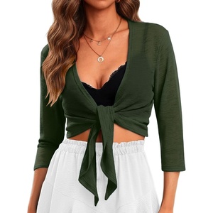 image:imagePrinStory Womens Tie Front Cropped Cardigan Summer 34 Sleeve Bolero Shrug for Sleeveless Dress Beach Cover Up Tops S4XLArmy Green
