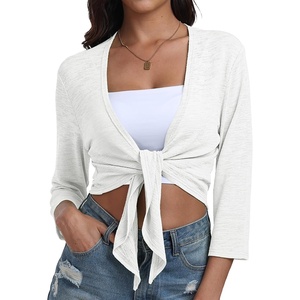 image:imagePrinStory Womens Tie Front Shrug 34 Sleeve Bolero Cardigan Lightweight Summer Casual Short Shawl Top S4XL02 Bleach White