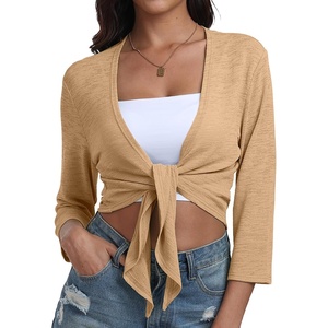 image:imagePrinStory Womens Tie Front Shrug 34 Sleeve Bolero Cardigan Lightweight Summer Casual Short Shawl Top S4XL03 Khaki