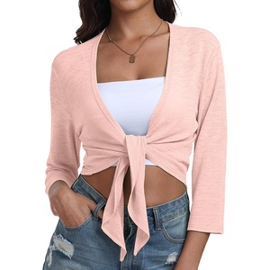 image:imagePrinStory Womens Tie Front Shrug 34 Sleeve Bolero Cardigan Lightweight Summer Casual Short Shawl Top S4XL06 Light Pink