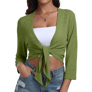 image:imagePrinStory Womens Tie Front Shrug 34 Sleeve Bolero Cardigan Lightweight Summer Casual Short Shawl Top S4XL07 Army Green