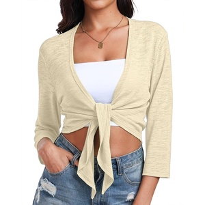 image:imagePrinStory Womens Tie Front Shrug 34 Sleeve Bolero Cardigan Lightweight Summer Casual Short Shawl Top S4XL08 Apricot