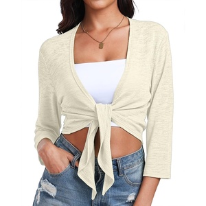 image:imagePrinStory Womens Tie Front Shrug 34 Sleeve Bolero Cardigan Lightweight Summer Casual Short Shawl Top S4XL10 Beige White
