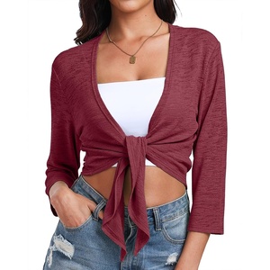 image:imagePrinStory Womens Tie Front Shrug 34 Sleeve Bolero Cardigan Lightweight Summer Casual Short Shawl Top S4XL13 Claret