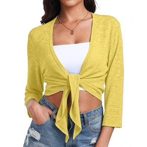image:imagePrinStory Womens Tie Front Shrug 34 Sleeve Bolero Cardigan Lightweight Summer Casual Short Shawl Top S4XL15 Light Yellow