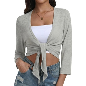 image:imagePrinStory Womens Tie Front Shrug 34 Sleeve Bolero Cardigan Lightweight Summer Casual Short Shawl Top S4XL20 Light Gray